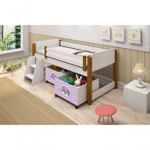 Cama Solteiro Branco C/ Mel C/ Baú Filhote Rosa