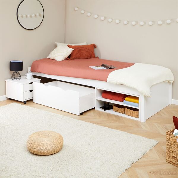 Cama Solteiro Branco Madeira Com Gaveta E Mesa De Cabeceira S