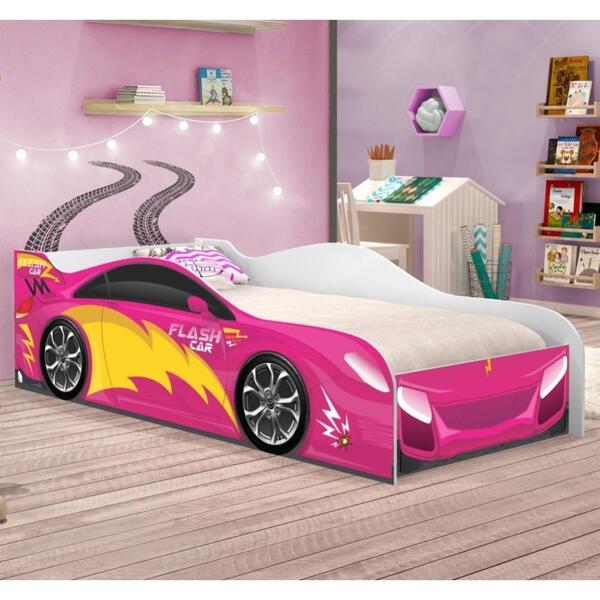 Cama Solteiro Carro Velocista Pink Com Colchão