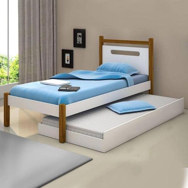 Cama Solteiro Com Cama Auxiliar E Pés Em Madeira Branco Mel