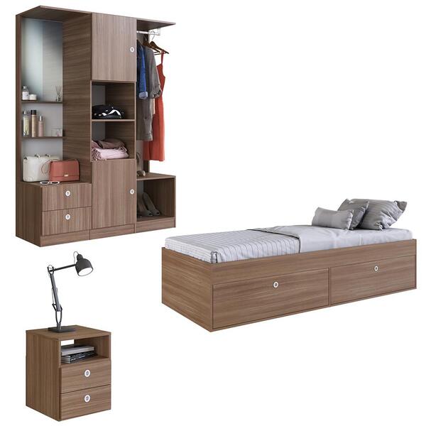 Cama Solteiro Com Mesa De Cabeceira E Guarda Roupa Tókio A05