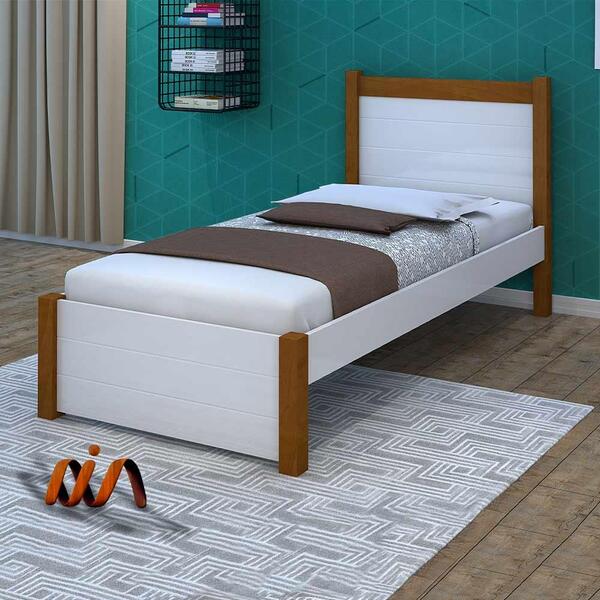 Cama Solteiro Em Mdf E Madeira Maciça Branco Mel Nicole Cajue