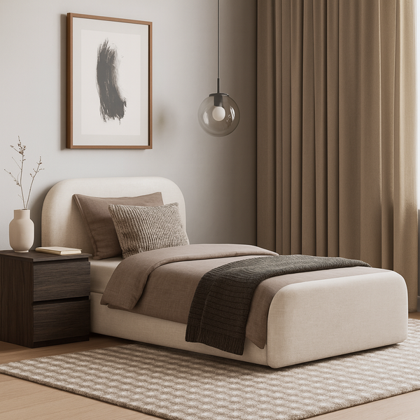 Cama Solteiro Estofada Design Moderno Com Cabeceira Linho Off