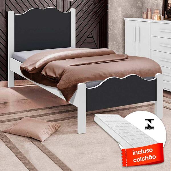 Cama Solteiro Moderna Com Colchão Branco Grafite Rafaela Vale
