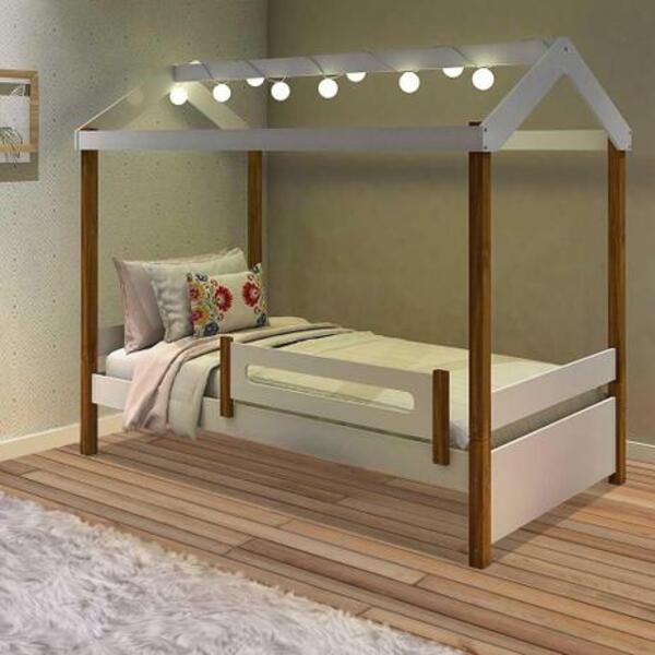 Cama Solteiro Montessoriana Eliz Com Led Branco/mel - Branco/