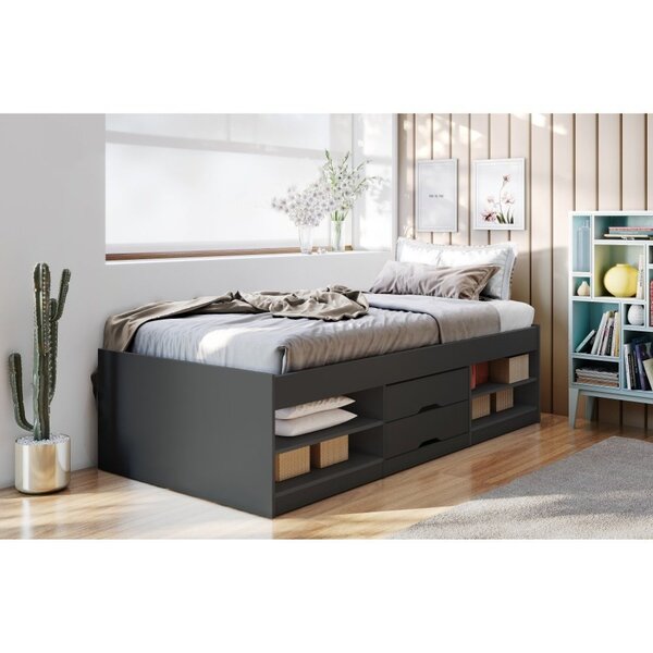 Cama Solteiro Multifuncional 2 Gavetas Kiara  Preto Fosco