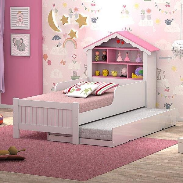 Cama Solteiro Princesa Rosa Com Auxiliar E 2 Colchões Vitamov