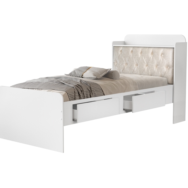 Cama Tamires Baú 2 Gavetas Solteiro Com Capitonê Branco/bege