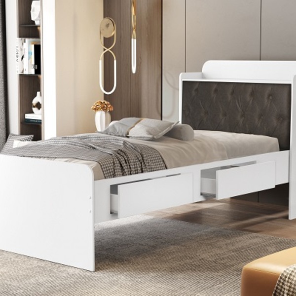 Cama Tamires Baú 2 Gavetas Solteiro Com Capitonê Branco/nogal