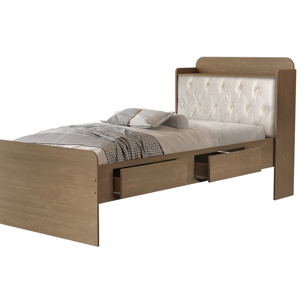 Cama Tamires Baú 2 Gavetas Solteiro Com Capitonê Castanho/beg