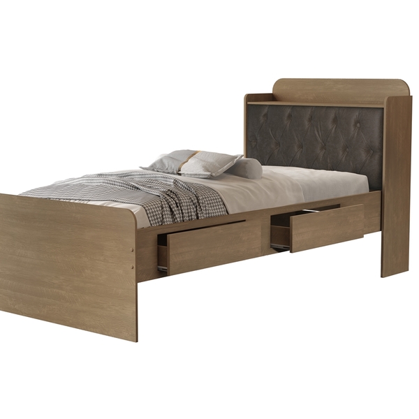 Cama Tamires Baú 2 Gavetas Solteiro Com Capitonê Castanho/nog