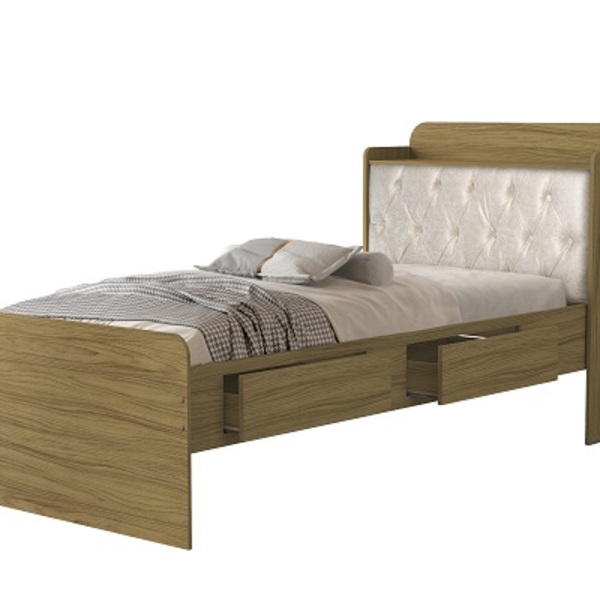 Cama Tamires Baú 2 Gavetas Solteiro Com Capitonê Freijó/bege