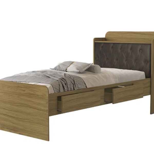 Cama Tamires Baú 2 Gavetas Solteiro Com Capitonê Freijó/nogal