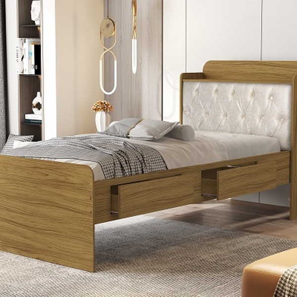 Cama Tamires Baú 2 Gavetas Solteiro Com Capitonê Nature/bege