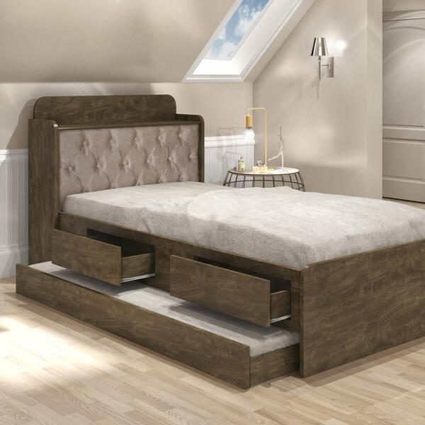 Cama Tamires Castanho Captone Bege Com Auxiliar E Colchões