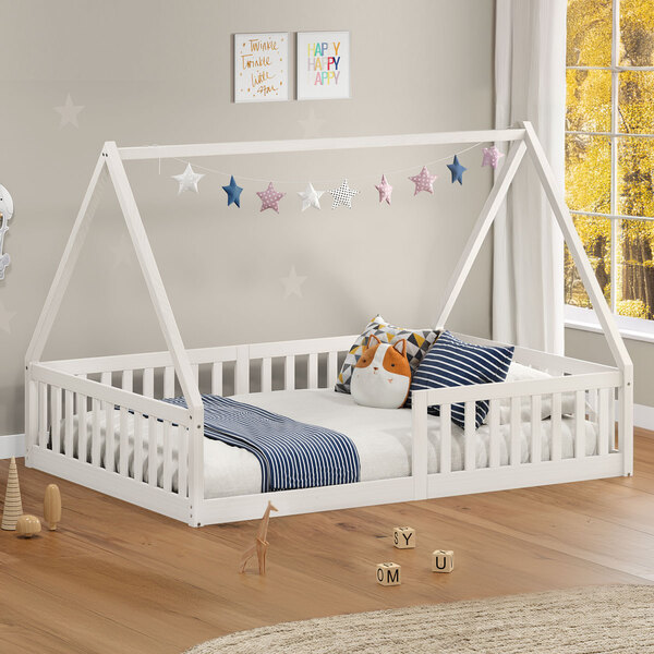 Cama Viúva Infantil Montessori Branco Madeira Casa Com Estrad