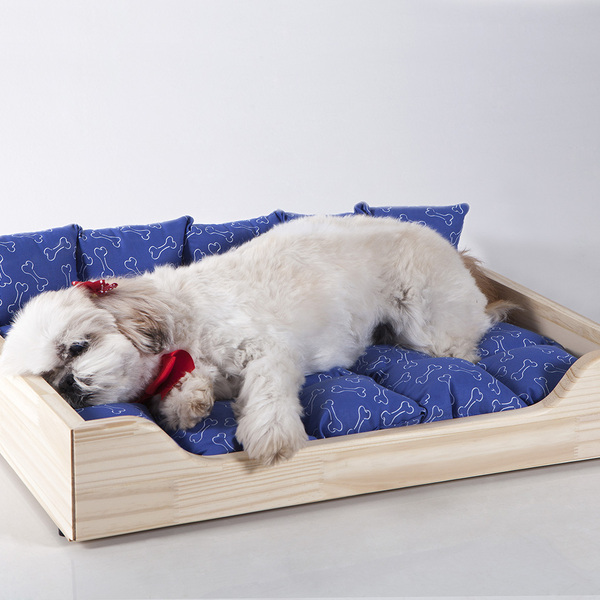 Caminha Cama Pet De Pinus Para Cachorro C/ Colchão Osso Azul