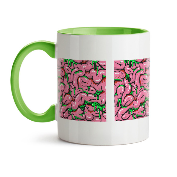 Caneca Cérebro Zombie Ilustração Interior E Alça Verde Claro
