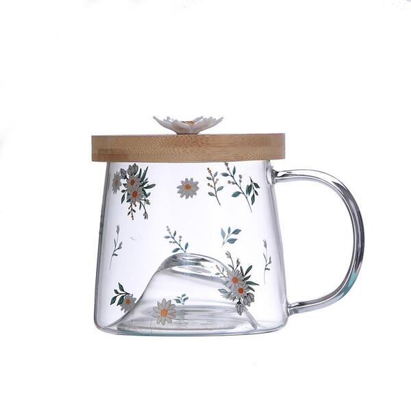 Caneca De Vidro Lyor Com Pires De Bambu Daisy 330ml 5705