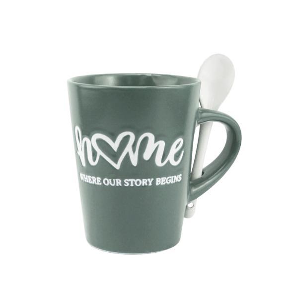 Caneca Em Cerâmica Com Colher Dynasty White Spoon 320ml Verde