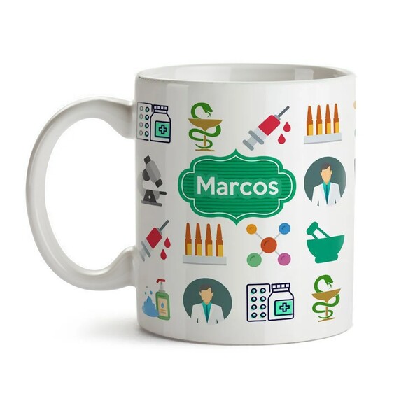 Caneca Farmacêutico Com Nome Farmácia Ícones Interior E Alça