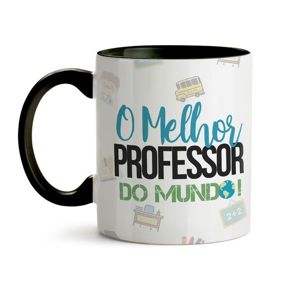 Caneca Melhor Professor Do Mundo Interior E Alça Preta