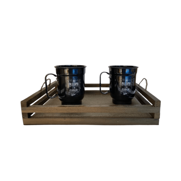 Canecas (2) Preta Cerveja Aluminio 600ml C Bandeja Churrasco