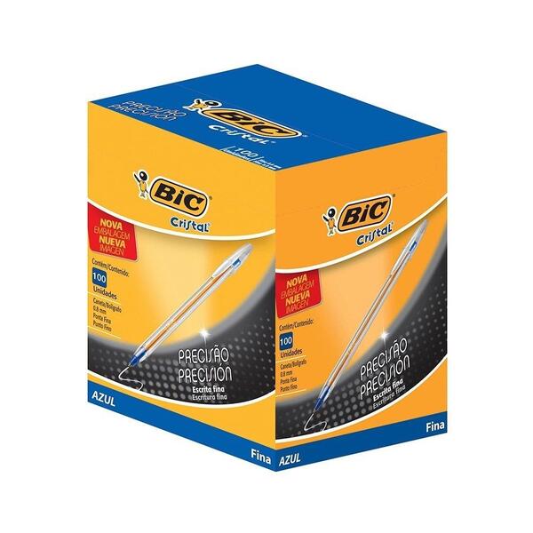 Caneta Bic Cristal Fina Azul - Embalagem Com 100 Unidades