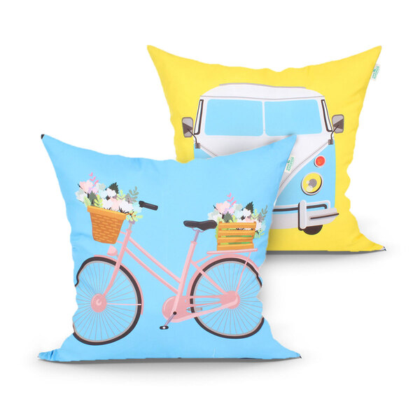 Capa Almofada Decorativa Azul E Amarela Kombi Estampada Kit C