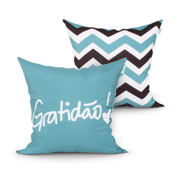 Capa Almofada Gratidão Azul E Chevron Kit Com 2 Unidades 45cm