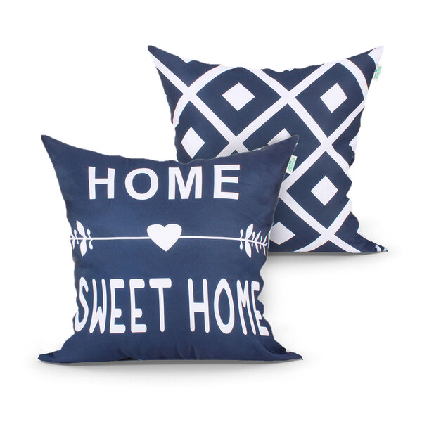 Capa Almofada Home Sweet Home Azul Estampada Kit Com 2 Unidad