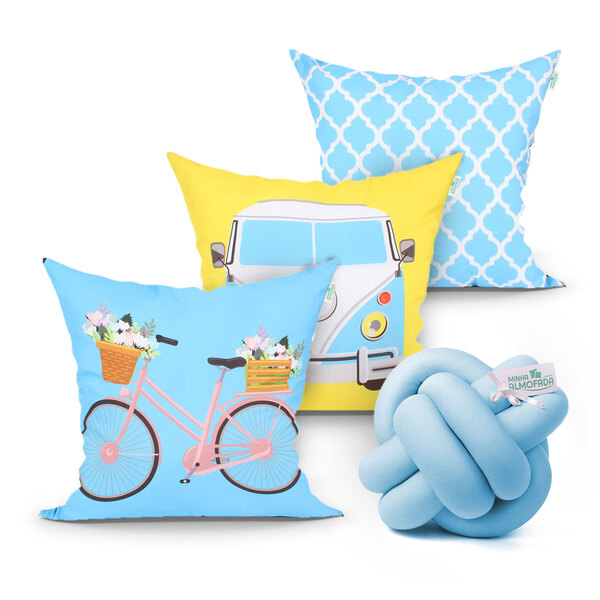 Capa Almofada Para Cama Estampada Azul Decorativa Kit 3 Unida