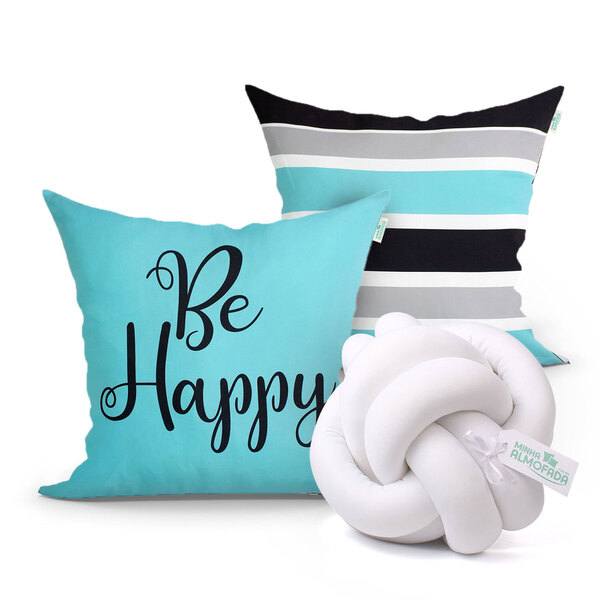 Capa Almofada Para Quarto Azul Be Happy Estampada 2 Unidades