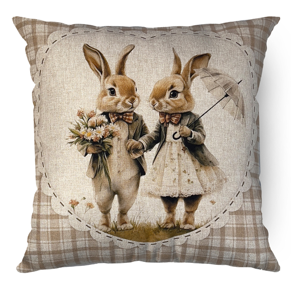Capa Almofada Páscoa Casal Coelhos - Rústica Xadrez Bege 43x4