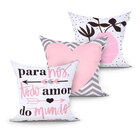 Capa Almofada Rosa Estampada Coração Decorativa Para Cama Kit