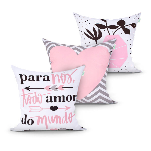 Capa Almofada Rosa Estampada Coração Decorativa Para Cama Kit