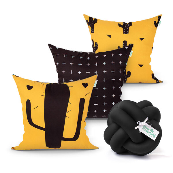 Capa De Almofada Cacto Amarela E Preta Estampada Kit 3 Unidad