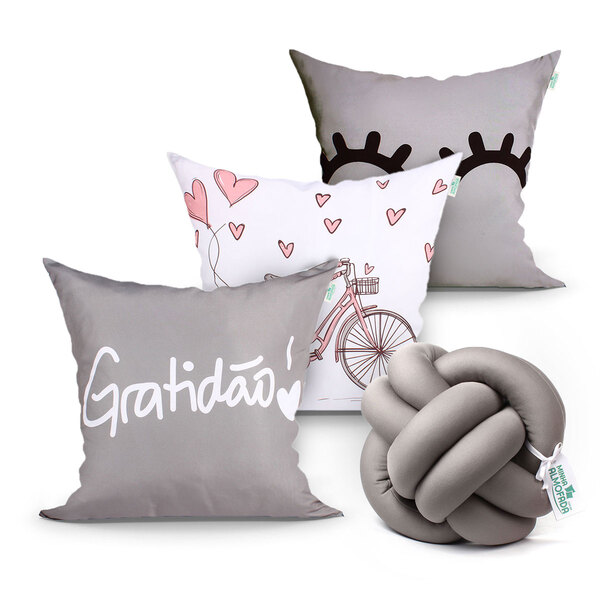 Capa De Almofada Gratidão Cinza Para Quarto Ou Sala Kit 3 Cap