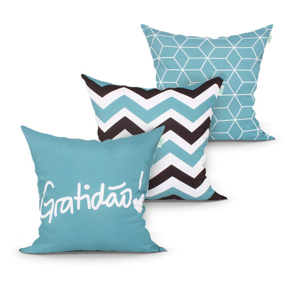 Capa Para Almofada De Sala Ou Quarto Gratidão Azul Estampada