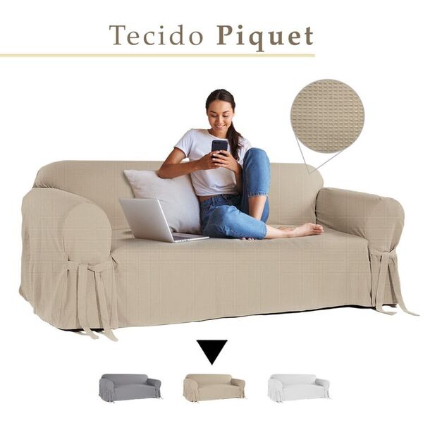 Capa Para Sofá De 5 Lugares Em Piquet Decoração Elegância Bege