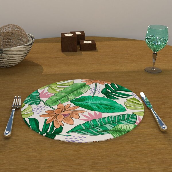 Capa Para Sousplat Folhas Verde E Flor Tecido Oxford - 35x35cm