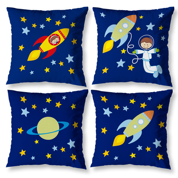 Capas De Almofadas Estampada Infantil Kit 4 Peças Astronauta