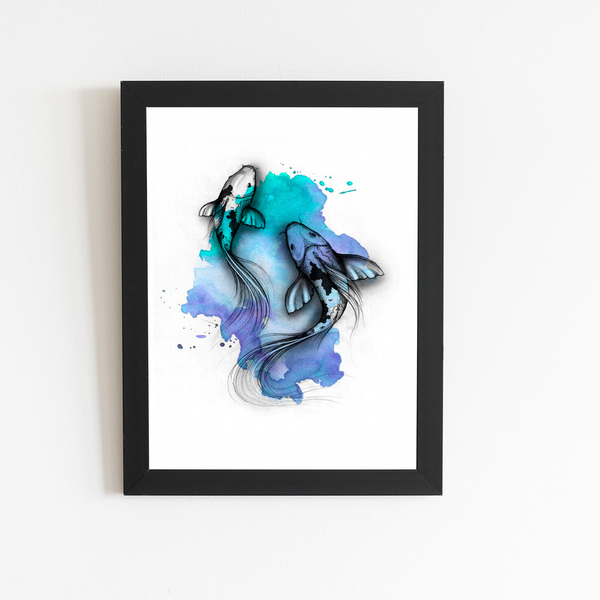 Carpa Peixe Azul Minimalista Quadro Moldura Preta 60x40cm