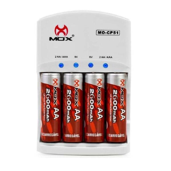 Carregador De Pilhas E Baterias Com 4 Pilhas Aa 2600 Mah Mox