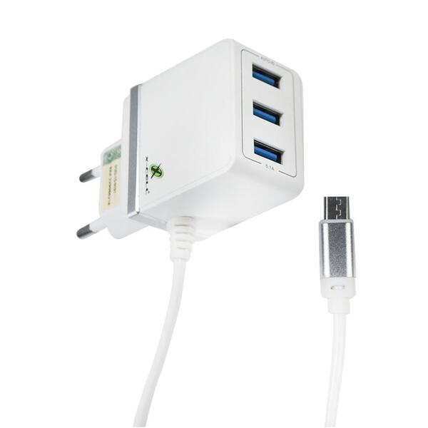 Carregador De Tomada Turbo 5.1a C/ 3 Usb E Cabo Micro Usb