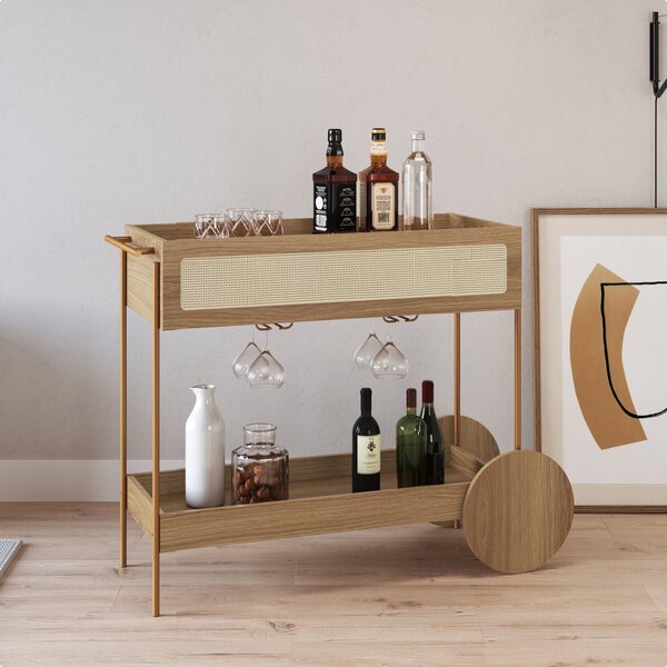 Carrinho Bar 1 Gaveta 110cm Com Porta Taças Palhinha Pé Metal