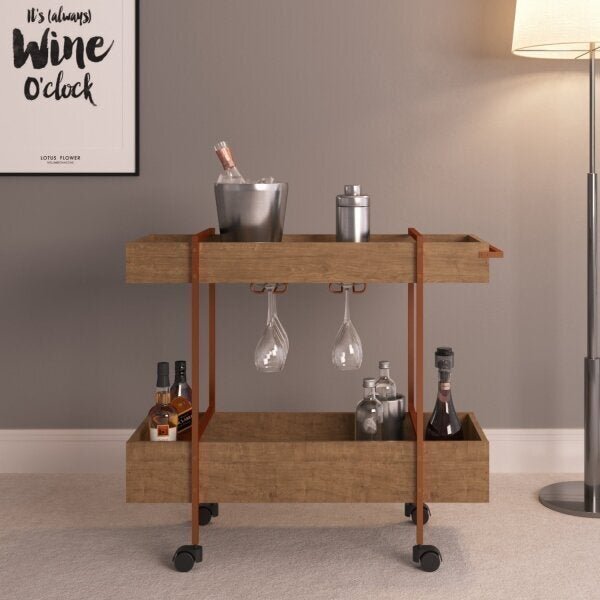 Carrinho Bar 2 Prateleiras Suporte Taças 93,5cm Industrial Ar