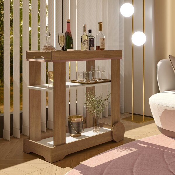 Carrinho Bar Com Rodizios Com Fita Metalizada Rose  Cinamomo/