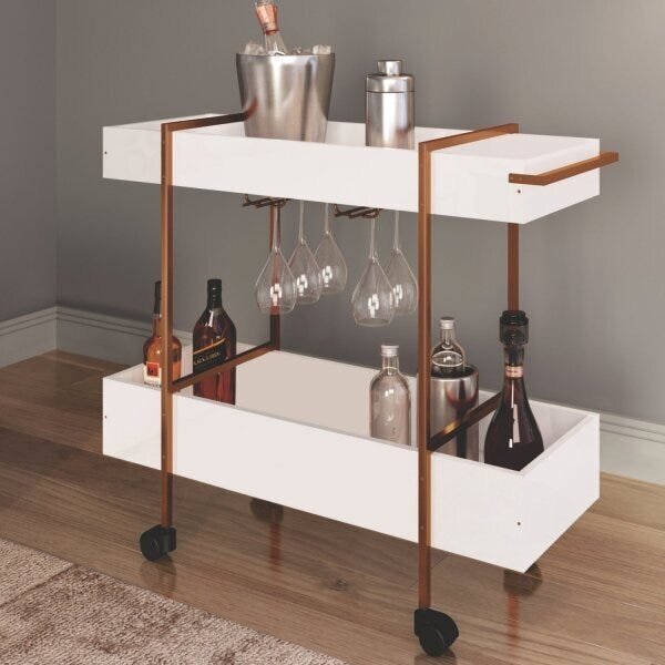 Carrinho De Chá E Bar Com Porta Taças 93,5cm Steel Quadra Art