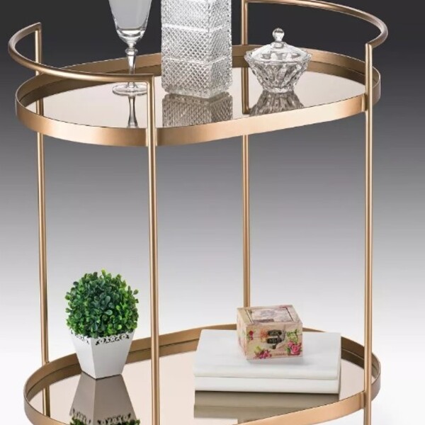 Carrinho Oval Decorativo Bebidas Chá Bar Luxo Em Metal - Dour